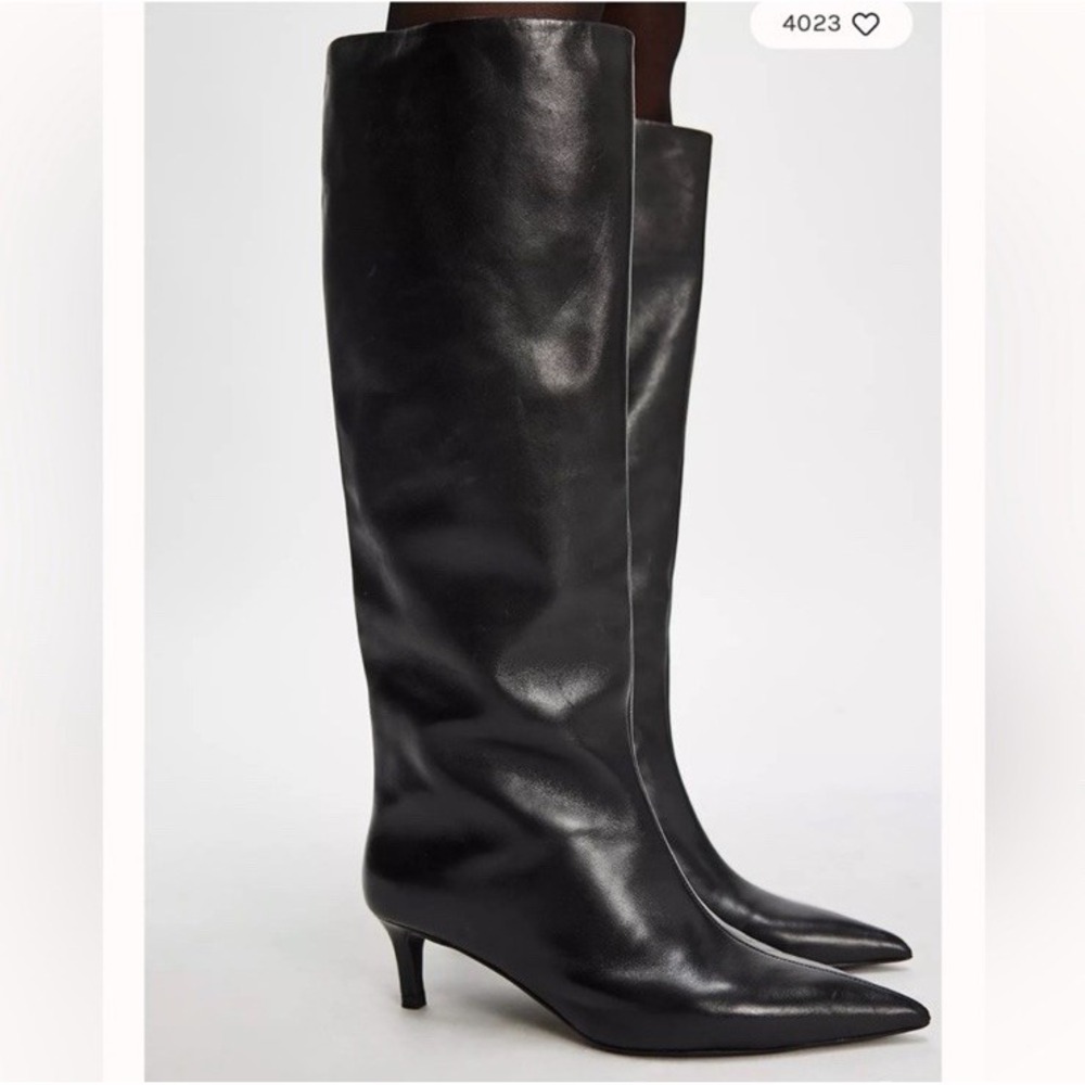 Free People Kiki Knee High Kitten Heel Boots Womens Size 7 Black Leather Pull On